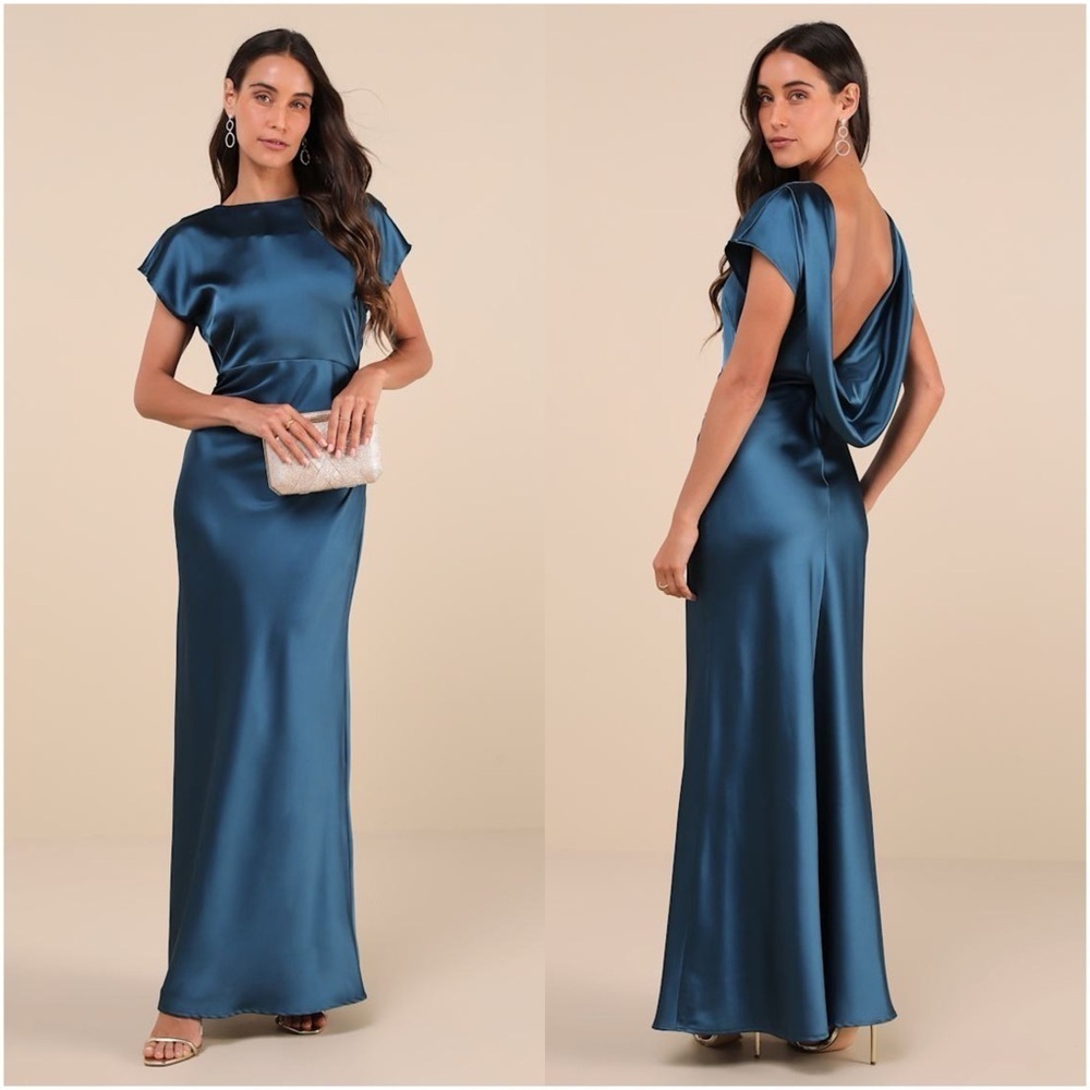 LULU’S Captivating Presence Dark Teal Satin Cowl Back Maxi Dress